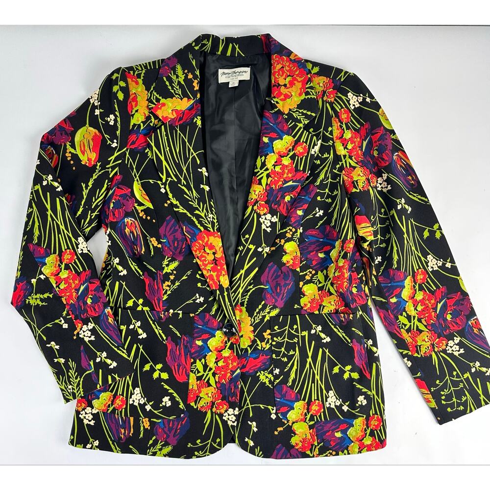 Vintage Norm Thompson Vibrant Floral Blazer Maximalist Statement Boho Art Medium